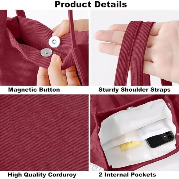 Women Red Imported Corduroy Small Canvas Shoulder Handy Tote Bag - Picture 4 of 4